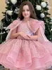 Paillettes bling rose fleur cris criscale Crystals Petite fille mariage Frist Communon Pageant robes robes Big Bow Baby Princess Peaceant Robe 403