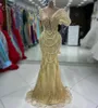 ASO EBI 2024 Gold Mermaid Prom Dress Pearls Sequined Lace Evening Party Party Second Reception Födelsedagsengagemang Klänningar Klänningar Robe de Soiree ZJ81 ES