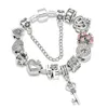 Pulseras con colgante de llave de corazón chapadas en plata para mujer, pulsera con cuentas de corona de princesa Original para niñas, joyería para esposa 170I