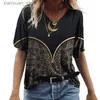 Kvinnors t-shirt 2023 Summer Womens T-shirt Vintage Casual Black Fashion V Neck Pullover Kort ärm tryckt Löst dagliga toppar Designkläder 240130