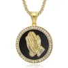 Hip Hop Iced Out Praying Hand Pendant With Mens Chain Gold Color Stainless Steel CZ Charm Round Necklace Jewelry Male Gift1206T