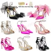 With BOX Luxury Women Shoe Jimmy Choo High Heels Sandals Women Heel Pumps Sandal【code ：L】With Asymmetric Grosgrain Mesh Fascinator Bows Wedding Dress Shoes Fuchsia