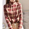 Blusas femininas vintage xadrez mulheres camisa de manga longa luxo alto pescoço plissado primavera outono casaco tops roupas coreano chique