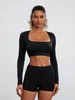 Women's Tracksuits CHQCDarlys Women Workout Sets 2 Piece Yoga Outfits Casual Long Sleeve Square Neck Crop Tops And Shorts Set Activewear