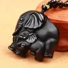 Anhänger Halsketten Chinesische Handarbeit Natürlicher Schwarzer Obsidian Geschnitzte Mutter Baby Niedlicher Elefant Amulett Glück Halskette Modeschmuck Heilung