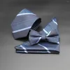 Bow Ties Mavi Altın Çizgili Kırmızı Erkekler 8cm İpek Kravat Bowtie Hanky ​​Set Pocket Square Düğün Partisi Damat Aksesuarları İş Kabı