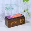 Wall Clocks Digital Alarm Clock Temperature And Humidity LED Electronic Smartphone Wireless Charger (Brown)