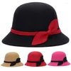 Berets Vintage Künstliche Wolle Bowler Top Hut Elegante Schleife Einstellbare Kurze Krempe Kappe Herbst Winter Warme Fischer Hüte Damen Iiterary