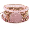 Pulsera de piedra Natural, pulseras envolventes de cuero de cuarzo rosa para mujer, gemas rosas, cuentas de cristal, joyería Bohemia, 5 hebras266F