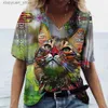 Damen T-Shirt V-Ausschnitt T-Shirt Damen Sommer Casual Oversize Dazzle Color Cats Print Shirt Kurzarm Top Vintage FemaleStreetwear Y2k Kleidung 240130