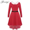 Women Christmas White Faux Fur Trimmings Long Sleeves High-low Hem Red Midi Dress with Belt Mrs Santa Claus Xmas Party Costume271x