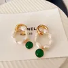 Dangle Earrings Brass Vintage Green Stone Natural Pearl Women Jewelry Party Boho T Show Gown Runway Rare Korean Japan Trendy
