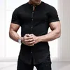 Chemises décontractées pour hommes Cardigan à manches courtes Respirant Col montant Chemise d'été Coupe ajustée Simple boutonnage en couleur unie pour le confort