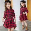 Girl's Dresses Girl Dress Fashion Plaid Shirt Dress For Girls Single-breasted Kids Party Dress With Sashes Autumn England Clothes For Girls