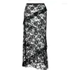 Saias Lace Midi para Mulheres Y2K Fada Grunge Bodycon Meia Saia E-Girls See-Through Envolvido Longo Ropa de Mujer