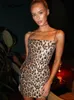 Dulzura Leopard Print Spaghetti Shoulder Strap Square Collar Mini Dress Sparkly Sequin 2023 Summer Women Party Club Y2K kläder 240124