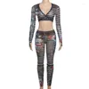 Pantalon de femme deux pièces ensemble femmes rayé imprimé maille transparente sexy col en v à manches longues à lacets crop tops streetwear taille haute crayon costumes