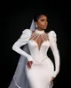 Arabic Aso Ebi Vintage 2024 Africa White Mermaid Wedding Dresses for Bride High Collar Long Puff Sleeve See Through Beading Garden Stain Muslim Bridal Gowns