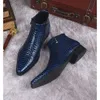 Stivaletti in vera pelle Nero Blu a punta Abito elegante Stivaletto formale italiano modello coccodrillo Scarpe da uomo