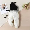 Set di abbigliamento 1-5 anni Bambini Ragazze 3 pezzi Pantaloni Set Gilet senza maniche con cintura cargo Marsupio Abiti per abiti casual estivi