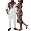 민족 의류 아프리카 커플 여성 인쇄 왁스면 패션 패치 워크 드레스 남자 2 조각 셔츠와 바지 세트