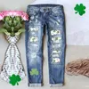 Damesjeans St. Patrick's Day Print Gescheurde Casual Denim Broek Grafisch Groen Carnaval Festival