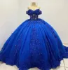 2024 Sexy Royal Blue Lace Quinceanera Dresses Ball Gown Off Shoulder Illusion Lace Appliques 3D Floral Crystal Beads Puffy Party Dress Prom Evening Gowns