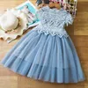 Girl's Dresses Little Girl New Floral Lace Dress Girl Gray Hollow Flower Tulle Clothes Cute Girl Birthday Party Princess Costume Kid Maxi Dress