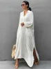 Vestidos casuais básicos terno de natação sobreposição branco maxi vestido de praia kaftan quimono elegante bolso solto verão tom praia terno j240130