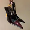 Designer Slingbacks Sandaler Patentläder spetsig tå stilettpumpar lyxiga lady bruna sexiga klackar kontorsklänningskor