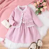 Girl's Dresses Children Clothing Spring Autumn New Baby Sleeveless Houndstooth Print Belted Dress + Long Sleeve Jacket Sweet Girl Clothes Suit