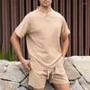 Männer Trainingsanzüge 2024 Frühling Sommer Herren Kleidung Kurzarm Stehkragen Waffel Tops Und Shorts Zwei Stück Sets Männer Outfits Casual Solide