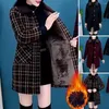 여자 자켓 여성 따뜻한 코트 소프트 재킷 격자 무늬 라펠 라펠 라펠 겨울과 주머니에 크기가 긴 소매
