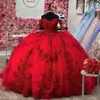 Vermelho glitter princesa quinceanera vestidos fora do ombro apliques rendas contas tull com capa floral rendas vestidos de baile de 15