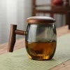 Verres à vin tasse à thé en verre de 400ml, avec poignée en bois, filtre, doublure intérieure, tasse à thé de brassage, bureau, grande capacité, couvercle en acier et bois