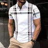 Fashionabla randiga herrpoloserier Summer Summer Short Sleeved Top Business Casual Clothing Lapel Button Up Zipper Mens Polo Shirt 240130