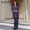 WHOSAY Celebrity Women V Neck Evening Party Dresses Long Sleeves Pearls Sash Prom Dress Ruched Side Slit Vestidos De Noche 24030