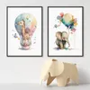 Peintures Mignon Safari Animal Lion Girafe dans un ballon Pépinière Aquarelle Affiches Toile Peinture Mur Art Imprimer Image Enfants Chambre Décor