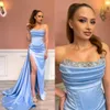 Skyblue eleganta aftonklänningar axelfri elastisk satin aftonklänningar sexig hög delad pärlstav formell prom klänning födelsedagsfest klänning ne003