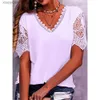 Camiseta feminina verão nova renda costura pétala manga com decote em v manga curta camiseta feminina moda casual solta cor sólida blusa vintage topos 240130