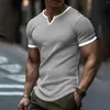 Men's T Shirts Fashion Spring And Summer Casual Short Sleeved V Neck Plaid Solid Color Shirt Tops