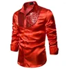 Chemises habillées pour hommes Mode Chemise à paillettes Couleur unie Revers à manches longues Slim Mens Wedding Emcee Costume Stage Performance S-2XL