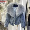 Winter Women Luxury Natural True Fox Fur Big Collar Goose Down Denim Down Jackets Short Warm Casual Jacket Coat 240129