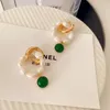 Dangle Earrings Brass Vintage Green Stone Natural Pearl Women Jewelry Party Boho T Show Gown Runway Rare Korean Japan Trendy