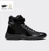 Luxury High Top America Cup Men Sneakers Shoes Bike Fabric Patent Leather Trainers Rubber Sole Casual Walking Rabatt Herr Black White Sports Shoe EU38-46 Box