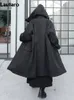 Lautaro primavera outono longo oversized preto trench coat com capuz escuro academia estética roupas de grife de luxo para mulher 240124