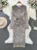 Повседневные платья Светское модное сетчатое платье с длинным рукавом Женское модное облегающее платье миди с v-образным вырезом и плиссированным принтом