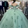 Robe De XV Anos vert clair, épaules dénudées, robes De Quinceanera, douces 15 robes De bal, manches courtes, robe De concours florale, 2024