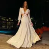 Casual Dresses 2024 Boho Print Deep V Women Dress Naked Midjel Lång ärm A-Line Summer Chic Beach Style Maxi