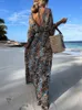 Boho Deep V Neck Waist Drawstring Long Dress Women Spring Pattern Print Vintage Maxi Summer Short Sleeve Loose Beach 24030